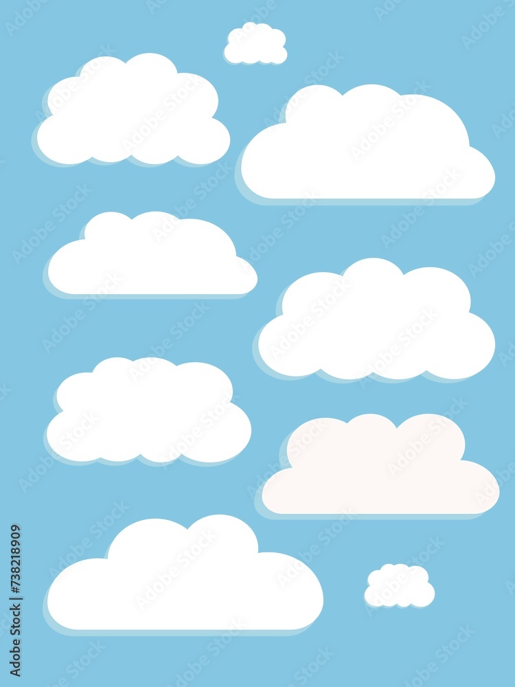 Vector flat illustration.White clouds set isolated on a blue background. Soft round cartoon fluffy clouds icon in the blue sky. Geometric shapes. Background for prints, covers and invitations...