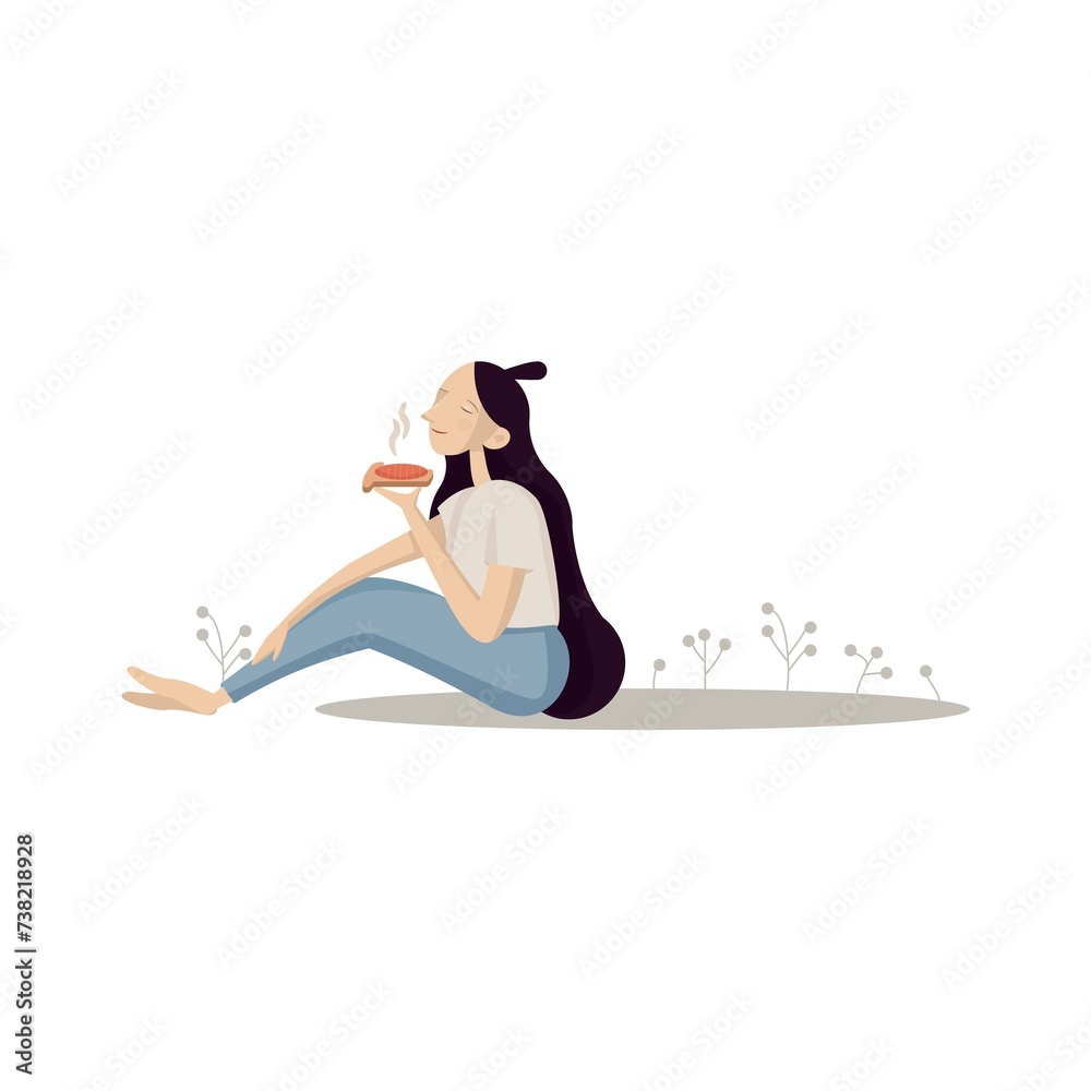 Flat vector illustration on white isolated background. Beautiful girl. The concept of rest or lunch. Girl holding a sandwich with red fish..