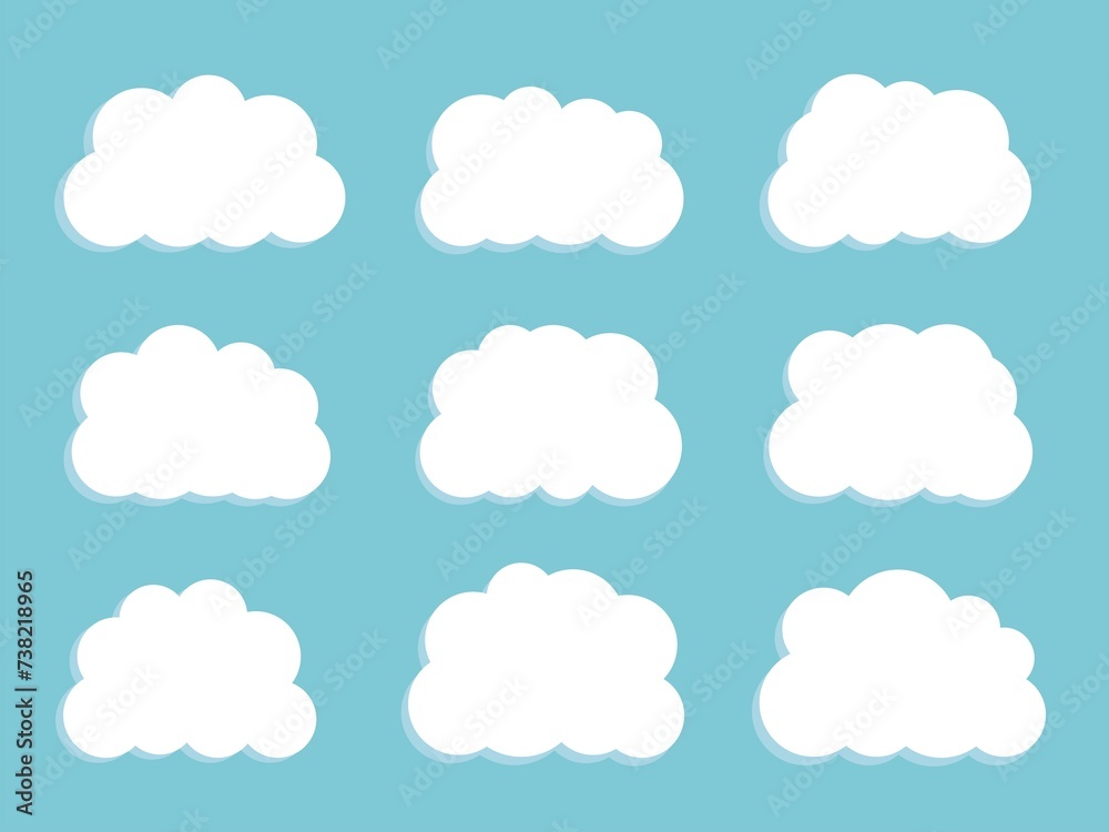 Flat vector illustration. Set of vector cartoon clouds on a blue background. Set of sky..