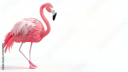 Adorable 3D flamingo standing gracefully on a pristine white background. Its vibrant colors and charming details bring a touch of tropical elegance to any project. Perfect for summer-themed © stocker