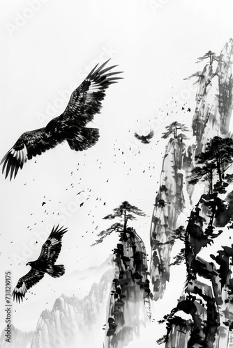 Freedom. A painting of the eagle in flight against a mountainous backdrop captures the essence of freedom and the power of nature  evoking feelings of independence and spiritual strength.
