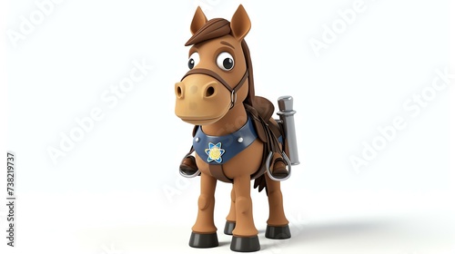 A delightful 3D rendering of a cute horse donning the iconic uniform of a mounted police officer. This whimsical image showcases the adorable equine in a police vest and badge  ready to serv