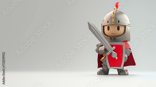A charming 3D illustration of a cute knight in shining armor, standing confidently on a clean white background. Perfect for fantasy-themed projects and children's books.