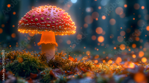 Magical mushroom in fantasy enchanted fairy tale forest.
