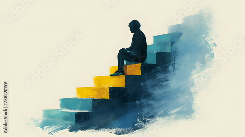 Abstract illustration of a person sitting on a staircase with each step representing a different emotion, capturing the ups and downs of mental health