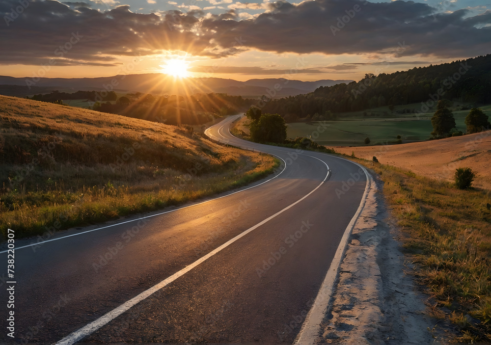 Picturesque landscape scene and sunrise above road Picturesque landscape scene and sunrise above road