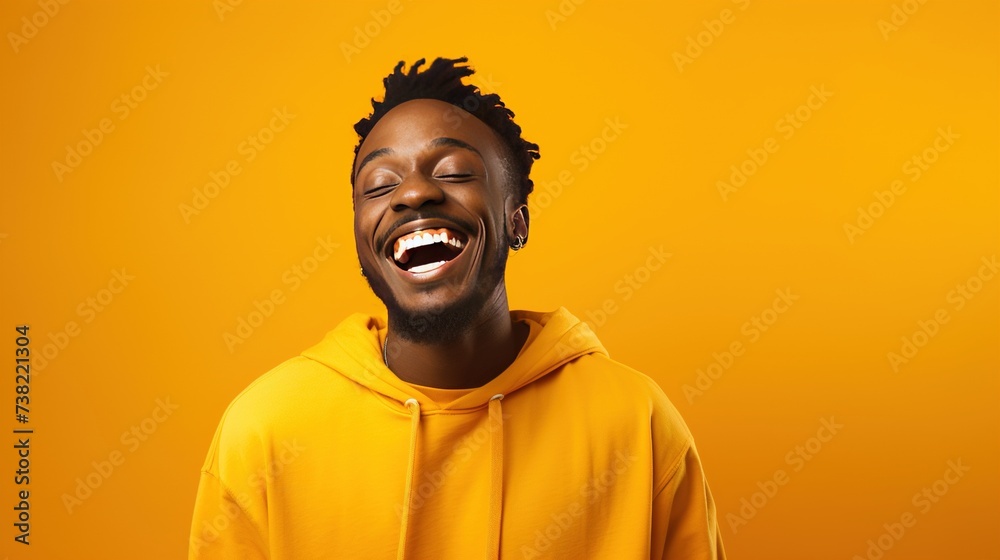 Portrayal of a dynamic black man beaming with happiness on a coloured background Portrayal of a dynamic black man beaming with happiness on a coloured background