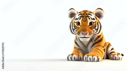 A charming 3D illustration of a lovable tiger  designed with adorable features and a playful expression  set against a clean white background  perfect for adding a touch of cuteness to any p