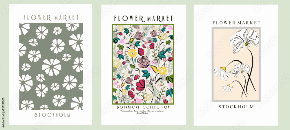 Set of abstract flower posters. Trendy botanical wall art with floral design in Danish pastel colors. Modern naive groovy funky interior decorations, and paintings. Vector art illustration.