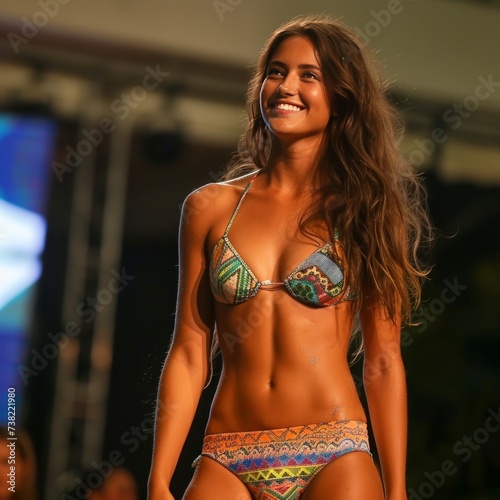 A radiant model strides confidently on a runway, wearing a vibrantly patterned bikini that shines under the spotlight.