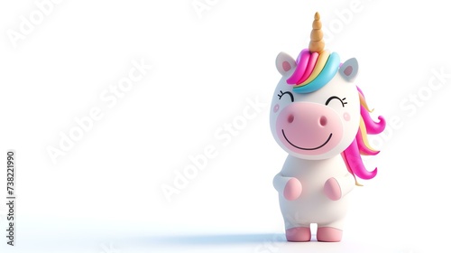 A magical 3D depiction of an adorable unicorn with vibrant colors and a playful pose  set against a crisp white background. Ideal for adding a touch of enchantment to any creative project or