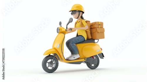 A realistic and dynamic 3D rendered delivery person, dressed in a vibrant uniform, holding a package, standing confidently in motion. Perfect for illustrating fast and reliable delivery serv © stocker