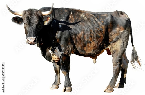 A serene Black Angus cow is depicted against a stark white background, highlighting the animal's calm demeanor and sleek black coat. Its gentle gaze and relaxed posture convey a sense of tranquility.