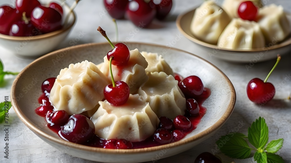 dessert with cherry,Cherry-Topped Dumplings by the user. Sweet dumplings in a bowl with cherry components is a traditional Ukrainian dish. dessert with cherry,Cherry-Topped Dumplings by the user. Sweet dumplings in a bowl with cherry components is a traditional Ukrainian dish.