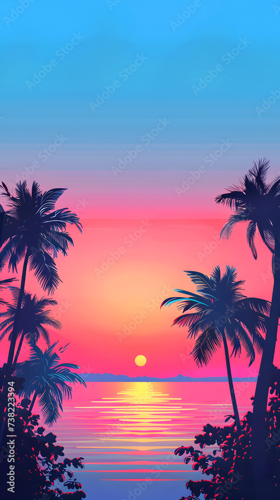 Tropical Sunset Serenity with Palm Tree Silhouettes