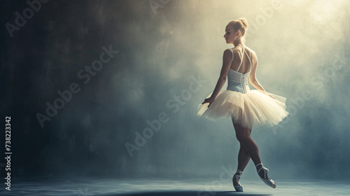 A stunning ballet dancer in her late 20s showcases the epitome of grace and sophistication. With impeccable posture, she dons a timeless classic tutu and ballet pointe shoes, captivating aud
