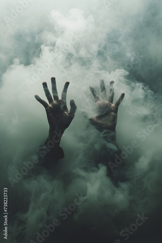 Conceptual photo of hands breaking through a barrier of fog, visualizing the process of overcoming mental obstacles