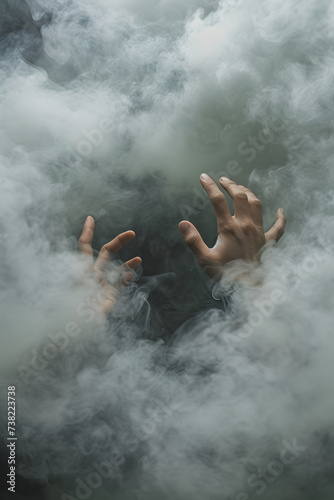 Conceptual photo of hands breaking through a barrier of fog, visualizing the process of overcoming mental obstacles