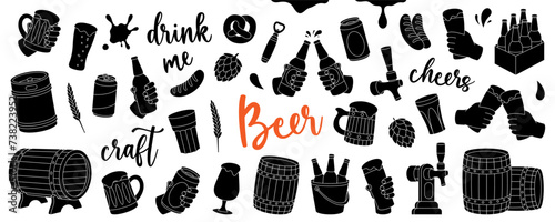 Beer set. Old wooden barrels, cans, glasses, mugs. Brewing process, production beer, brewery factory production. Vector illustration.