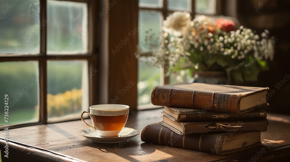 A captivating still-life composition featuring vintage books and a steaming cup of tea on a rustic wooden table, illuminated by soft, natural backlighting streaming through a large window. T