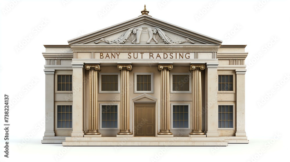 A stunning 3D rendered icon of a timeless Greek-style bank building. Its elegant brown columns stand tall, creating a sense of grandeur and sophistication. Perfect for financial websites, ar