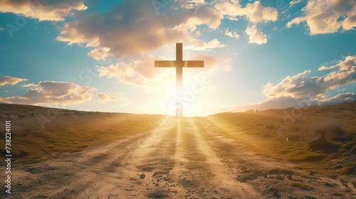 A mesmerizing Christian cross bathed in divine sun rays, emanating a transcendent aura, evoking a sense of profound spirituality and peace. photo