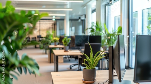 A sleek workspace featuring a minimalistic computer monitor and vibrant green plants, perfect for an organized and refreshing work environment.