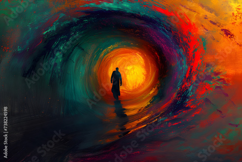 Digital painting of a person emerging from a dark tunnel into a realm of vibrant colors, signifying hope and renewal