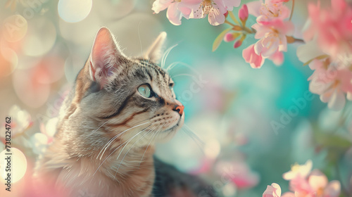 Portrail of a cat on blurred floral background