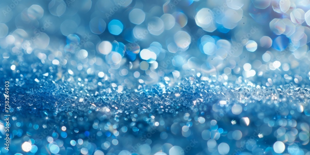 A close-up of sparkling blue crystals with a bokeh light effect.