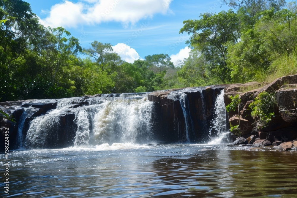 A serene waterfall amidst lush greenery under a clear sky. A serene waterfall amidst lush greenery under a clear sky.