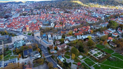 Aerial view of the city Reutlingen in Germany on a sunny day in fall