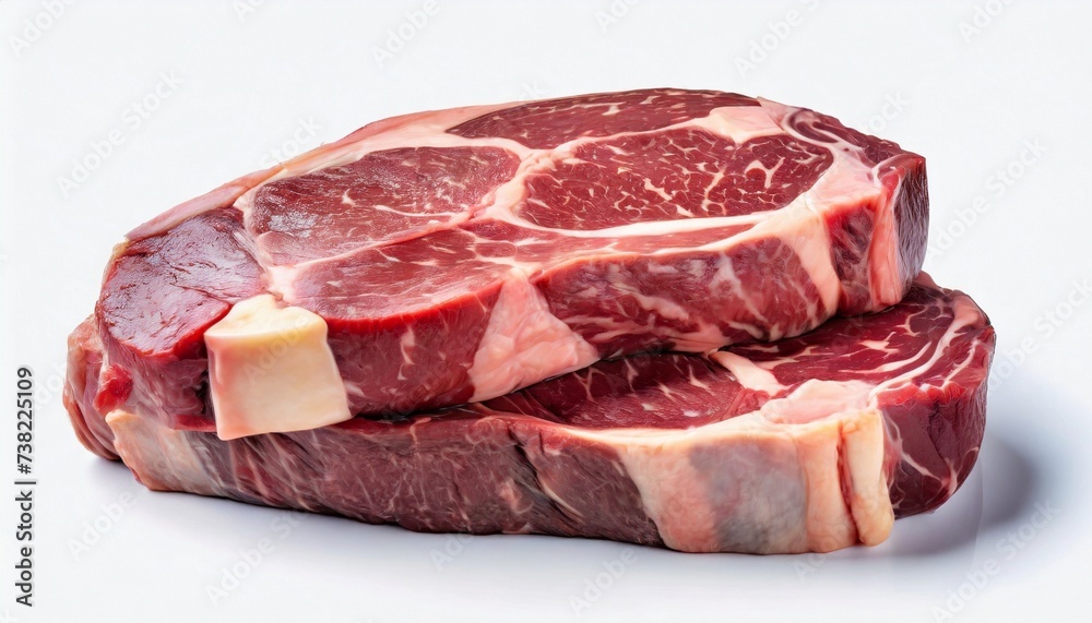 Two rib eye steaks one on top of another on white background. Raw beef meat. Two rib eye steaks one on top of another on white background. Raw beef meat.