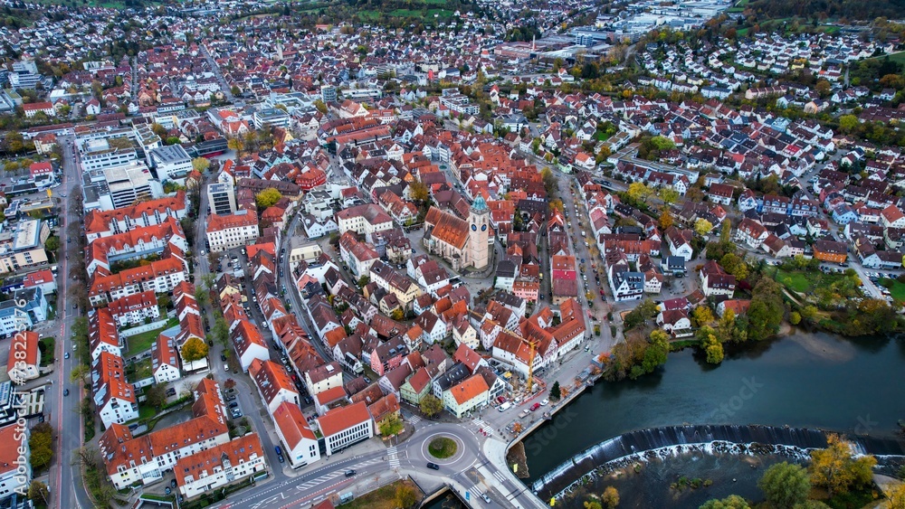 Aerial view of the city Nurtingen in Germany on a sunny day in fall