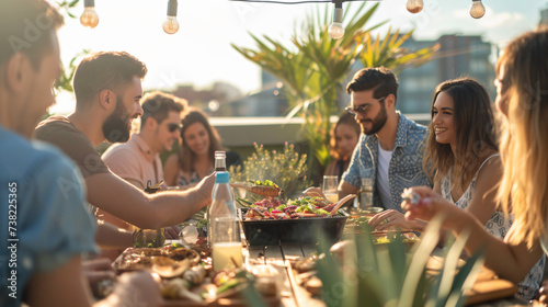 A vibrant group of friends gathers atop a stunning rooftop for a sizzling barbecue party, epitomizing the joy of urban living and the camaraderie of social gatherings. Laughter fills the air