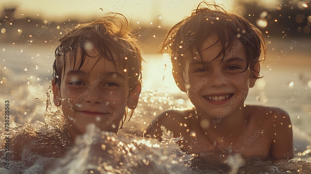 Obraz premium Two boys brothers at the beach active playing in the water, happy and glad, family vacation rest at the lake