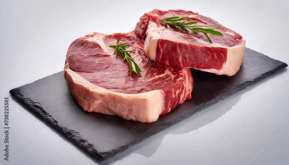 Two rib eye steaks one on top of another on white background. Raw beef meat on black stone board.