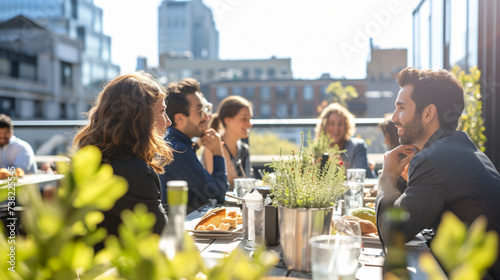 A group of young professionals taking a refreshing rooftop lunch break, basking in the warm sunlight while embracing stunning views of the bustling cityscape. © stocker