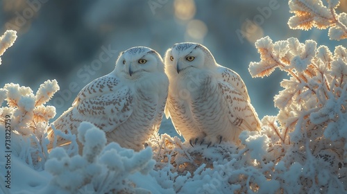 Frost Twins: Snowy Owls in Winter Wonderland photo