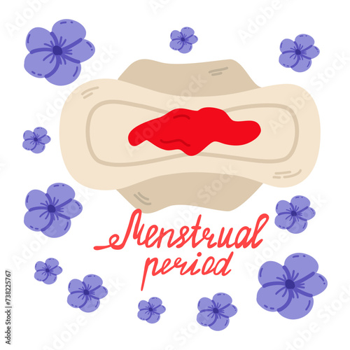 Menstrual pad with period blood. Flat vector illustration isolated on white background
