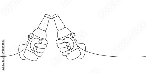 Hands holding beer bottles one line continuous drawing. Beer pub products continuous one line illustration. Vector linear illustration.