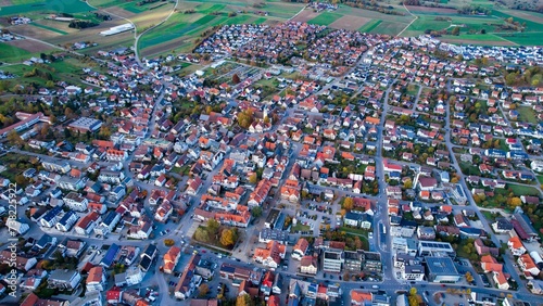 Aerial view of the city Laichingen in Germany on a sunny day in fall