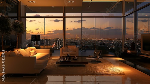 A breathtaking modern living room glows in the soft light of dusk, with the mesmerizing cityscape as a backdrop. The elegant interior design elements and carefully curated lighting create a