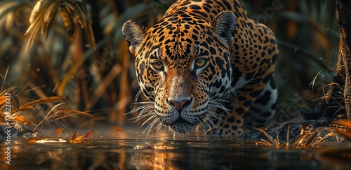 Dusk Paddle: Solitary Jaguar Moving Stealthily Through Twilight