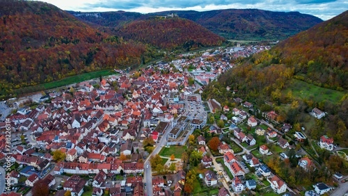 Aerial view of the city Bad Urach in Germany on a sunny day in fall