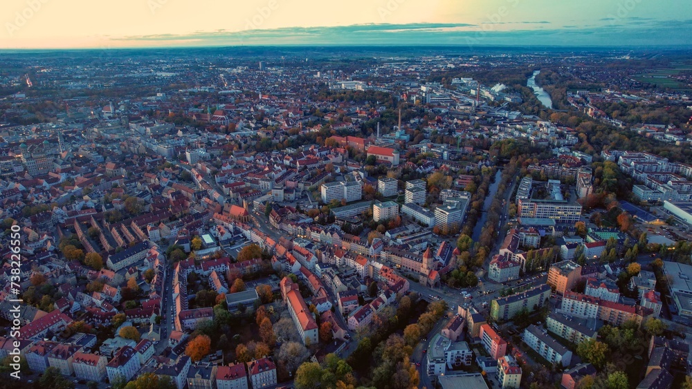 Aerial view of the city Augsburg in Germany on a late afternoon in fall