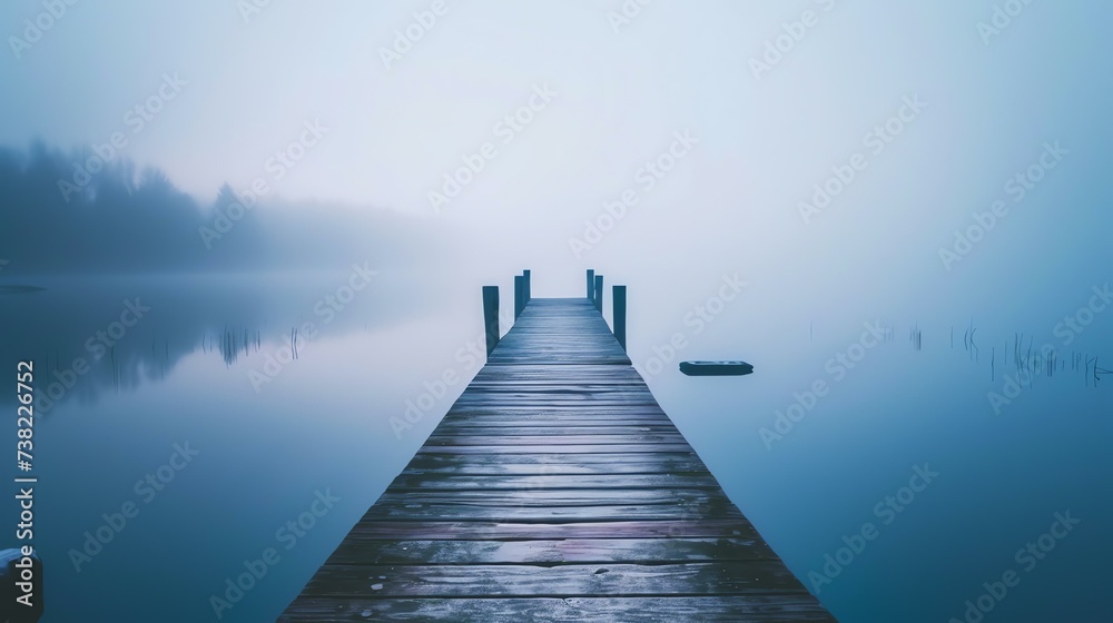 A serene wooden pier vanishing into a hazy lake at sunrise, enveloped by serene mist and gentle light, evoking a tranquil and minimalist ambiance. - obrazy, fototapety, plakaty 