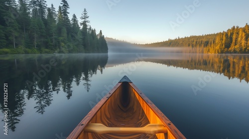 A serene moment captured during an enchanting canoe ride in a tranquil lake, where the gentle rays of the morning sun cast a mesmerizing reflection on the glass-like water, evoking a profoun