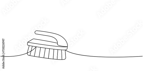 Cleaning brush, handle brush one line continuous drawing. Cleaning service tools continuous one line illustration. Vector linear illustration.