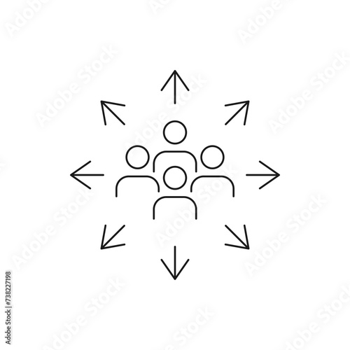Group of people with multi-directional arrow icon line style isolated on white background. Vector illustration